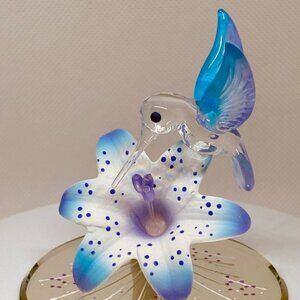 Hummingbird on Blue Lily Glass Figurine Nature Collectible Decor